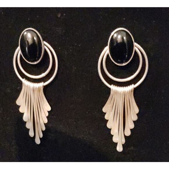 Vintage 80s Onyx Sterling Dangle Earrings Boho Chic - Picture 1 of 4